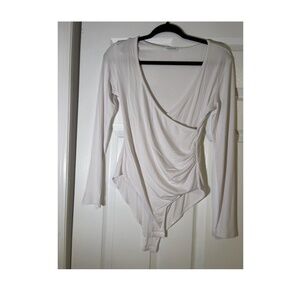 White Long Sleeve Wrap Bodysuit Ruched Side V-Neck Minimalist Chic Fitted Top